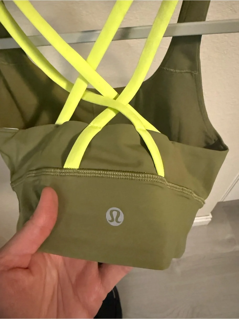 Lululemon Energy Bra Longline Olive Green Neon Yellow Straps Size 6